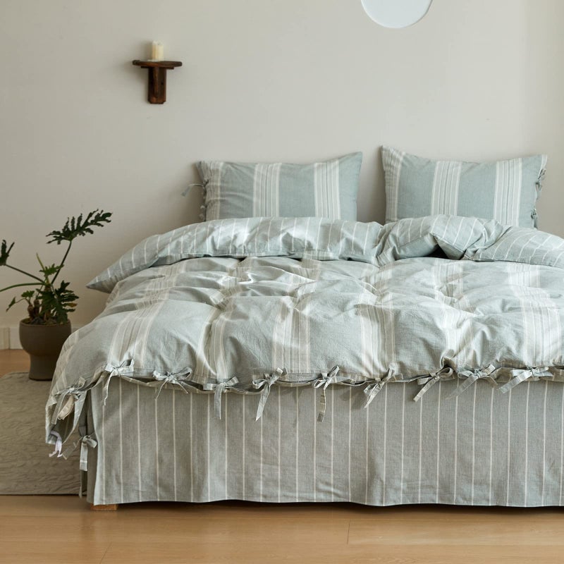 BISELINA Striped Duvet Cover Set 3pcs 100% Washed Cotton Linen Like Textured with Bowknot Bow Ties Strap Reversible Breathable Soft Comfy Chic Yarn Dyed Bedding (Queen, Grayish Green) - Image 1